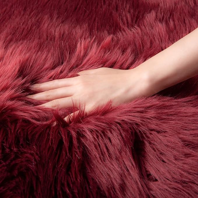 Ashler faux fur rug, Fluffy Shaggy Area Rug Ultra Soft 3 x 5 Feet Rectangle Fur Rug Deep Red Fuzzy Rug Machine Washable Shag Rug, Nursery Decor Throw Rugs for Bedroom, kids room, Living Room