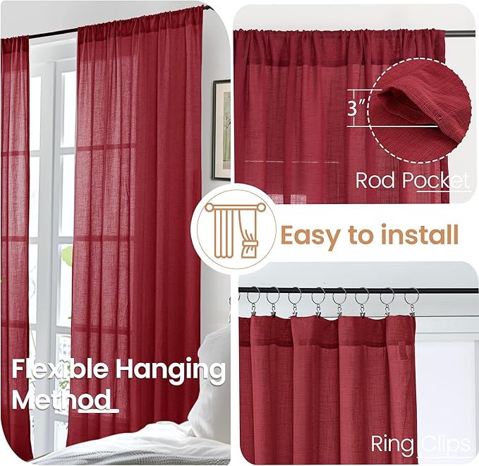 BGment Semi Sheer Burgundy Curtains for Living Room 80 Inch Length - Linen Textured Light Filtering Window Drapes with Rod Pocket for Dining Bedroom Lightweight, 2 Panels Set, 52 X 80 Inch