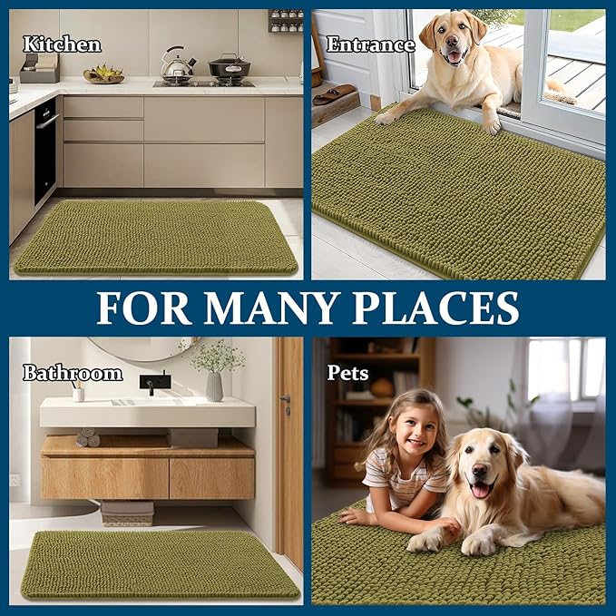 OLANLY Dog Door Mat for Muddy Paws 54x32, Absorbs Moisture and Dirt, Absorbent Non-Slip Washable Doormat, Quick Dry Chenille Mud Mat, Entry Indoor Entryway Carpet for Inside Floor, Willow Green