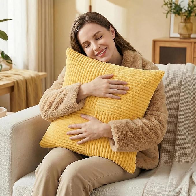 Fancy Homi 2 Packs Yellow Euro Decorative Throw Pillow Covers 26x26 Inch for Couch Bed Sofa, Rustic Farmhouse Boho Home Decor, Soft Corss Corduroy Patchwork Textured Square Cushion Case 66x66 cm