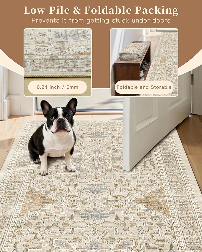 Madane Runner Rug 2x8, Washable Hallway Runner Rugs, Non-Slip Low-Pile Soft Kitchen Rug Runner Laundry Room Rug, Vintage Throw Entry Foyer Mat for Entrance Living Room (Beige/Blue, 2 x 8)