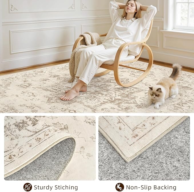 8x10 Area Rugs for Living Room: Vintage Boho Neutral Washable Rug Indoor Soft Large Area Rug Carpet for Bedroom Nursery Farmhouse Dining Room Office Floor Non-Slip Low Pile Under Table Rug Beige/Ivory