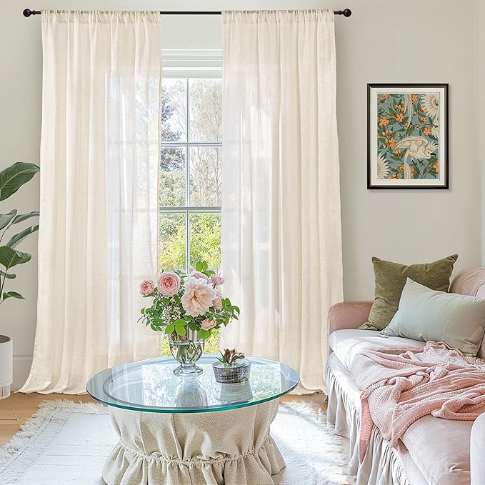 BGment Beige Linen Curtains 80 Inches Long for Living Room - Semi Sheer Rod Pocket Light Filtering Window Drapes for Bedroom Dining Room Decor Lightweight Rustic, 2 Panels, 52 Inch Wide Each Panel