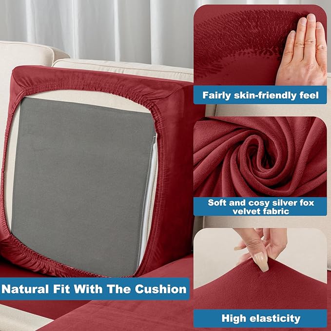 Couch Cover 3-Piece Elastic Velvet Couch Cushion Covers & Chaise Slipcovers for L-Shaped Sofas, Sofa Seat Covers Washable, Soft Cover for Couches (2 Seater + Chaise, Christmas Red)