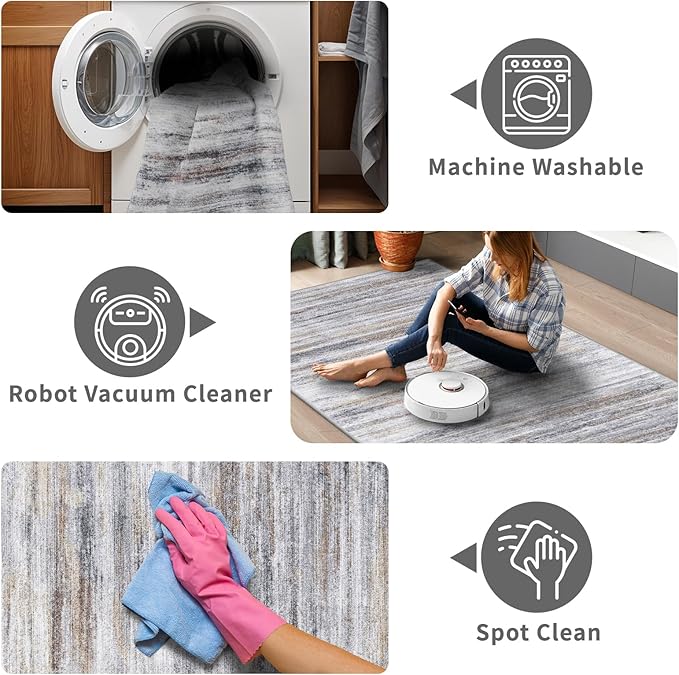 4x5 Area Rugs for Entryway Washable: Easy-to-Clean Rug for Office Kitchen Bedroom Living Room Dining Room - Non Slip Stain and Water Resistant Carpet - Soft Low-Pile Door Mat Beige Grey