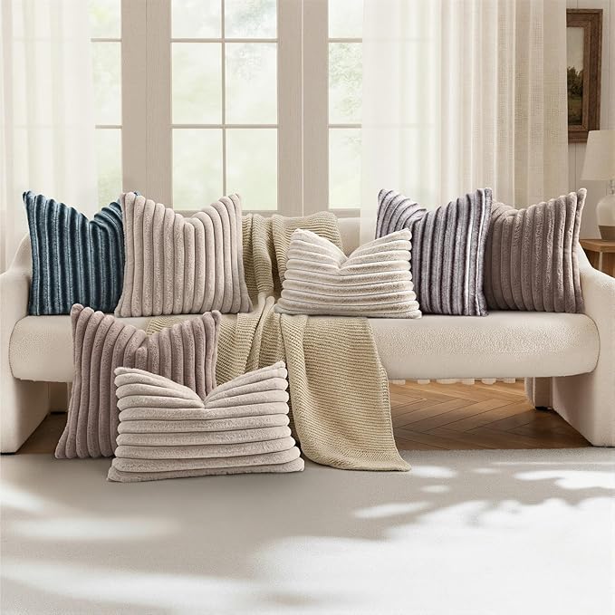 decorUhome Cozy Faux Fur Throw Pillow Covers 20x20 Set of 2 Decorative Soft Plush Striped Modern Farmhouse Boho Couch Pillow Cases with Velvet Back for Sofa Bed Living Room, Brown White