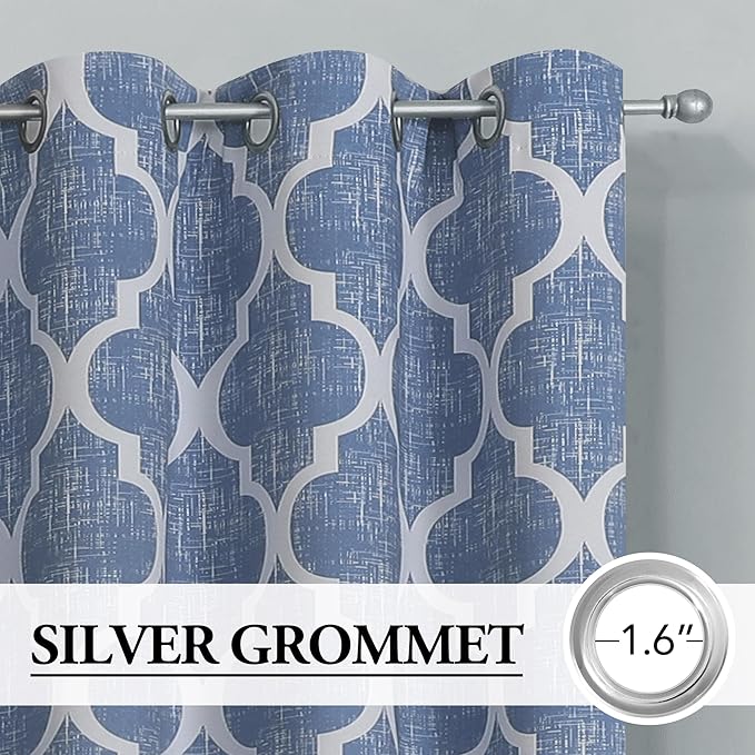 Beauoop 100% Blackout Curtains 54 Inches Long 2 Panels for Bedroom Living Room Blue Moroccan Geo Room Darkening Thermal Insulated Soundproof Grommet Top Window Treatments Drapes, 50x54 Set of 2
