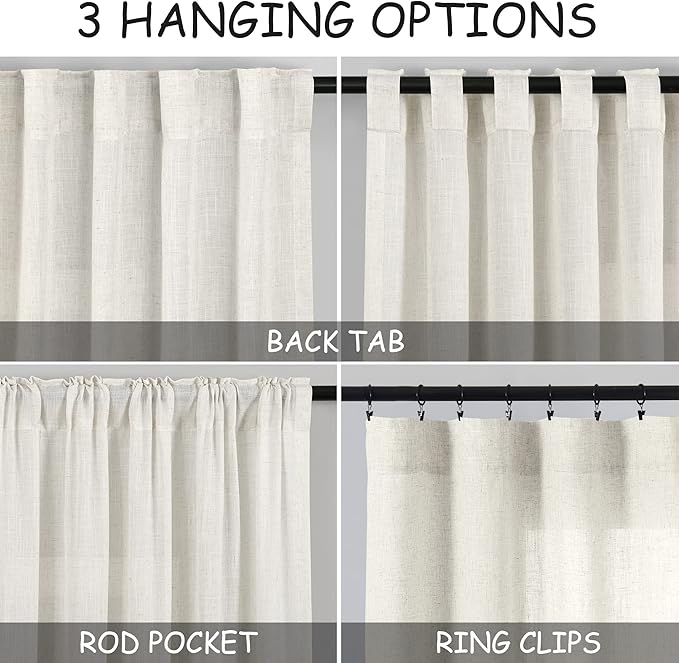 Linen Cream Curtains 131 Inch Extra Long for Living Room Back Tab Light Filtering Semi Sheer Drapes Modern Farmhouse Coastal Decor Cotton Textured Curtain for Floor to Ceiling Window 52x131