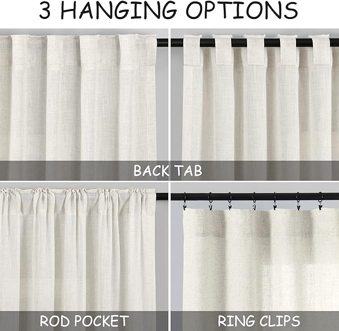 Cream Linen Curtains 115 Inches Long 2 Panels Set for Living Room Extra Long Back Tab Curtains Neutral Farmhouse Light Filtering Semi Sheer Linen Drapes Ceiling to Floor for Large Window 52x115