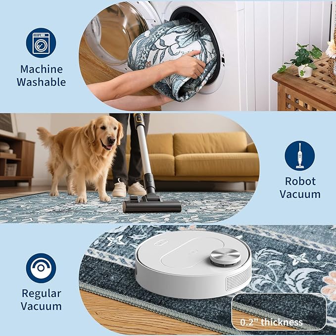 GarveeHome Misty Blue Botanical Grove 6ft Round Rug, Small Circle Vintage Cottagecore Soft Low-Pile Non-Slip Washable Rugs for Living Room Bedroom Nursery Kitchen Retro Carpet