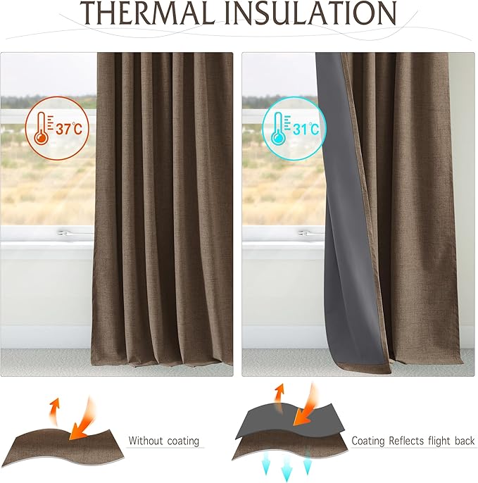 RYB HOME Coffee 100% Blackout Curtains 63 inch Long, Light Blacking & Thermal Insulated Curtains for Nursery/Bedroom/Boys'Room, Back Tab & Rod Pocket Window Treatment, W52 x L63, 2 Panels