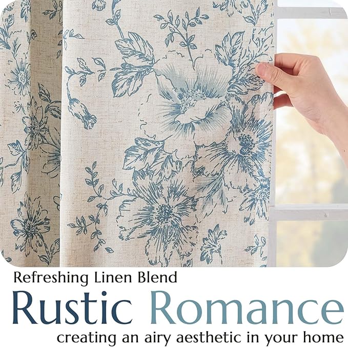 jinchan Blackout Floral Curtains for Living Room Bedroom Linen Blend Curtain Farmhouse Blue Printed with Lined Back Tab Rod Pocket Drapes Window Treatments 2 Panels 84 Inch