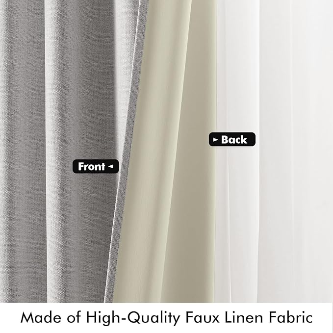 MIULEE 100% Blackout Linen Curtains for Bedroom, Greyish White Solid Luxury Decor Thermal Insulation Room Darkening Drapes for Living Room Nursery Back Tab Rod Pocket 42 x 72 Inches, 2 Panels