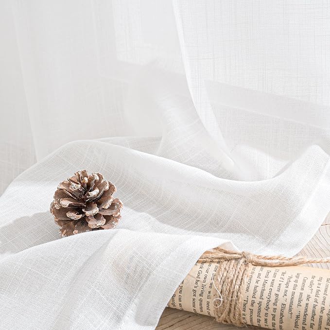 BGment White Linen Semi Sheer Curtains for Living Room 80 Inch Length - Rod Pocket Light Filtering Window Drapes Natural Textured for Bedroom Dining Lightweight Rustic, 2 Panels Set, 52 X 80 Inch