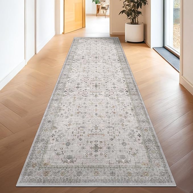 Hazo Haus Non Slip Hallway Runner Rug - 2 x 10 Runner Rug, Washable & Waterproof 2x10 Kitchen Floor Mat - Extra Long Light Gray Neutral Farmhouse Boho Design Décor