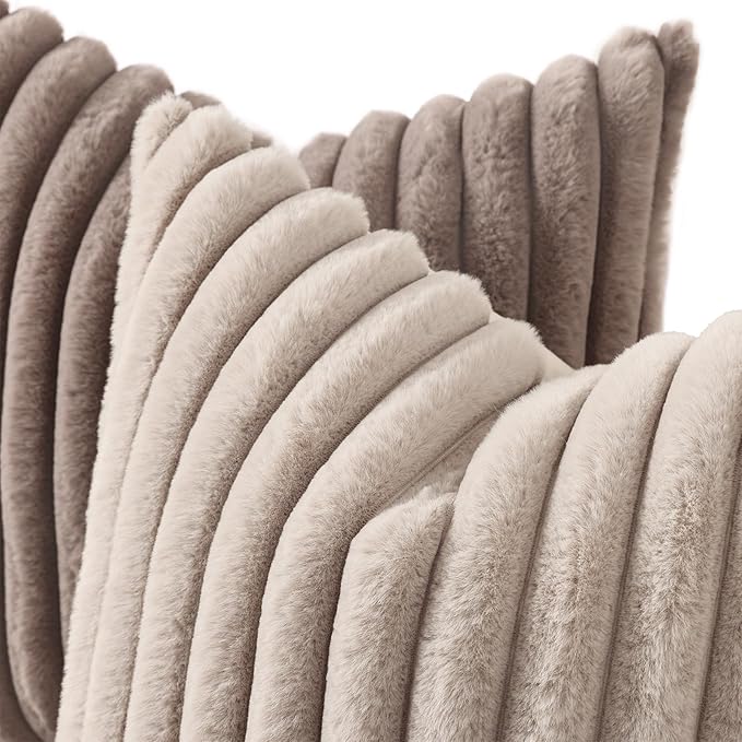 decorUhome Cozy Faux Fur Throw Pillow Covers 22x22 Set of 2 Decorative Soft Plush Striped Modern Farmhouse Boho Couch Euro Sham Pillow Cases with Velvet Back for Sofa Bed Living Roomr, Tan