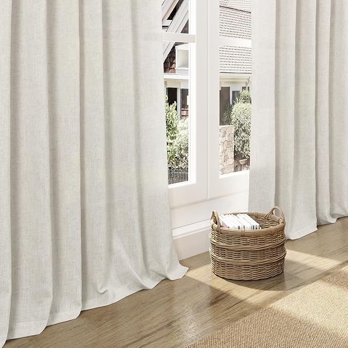 Nanspring Mousse White Linen Curtains for Living Room 72 Inches Long Luxury Light Filtering Semi Sheer Curtain Back Tab Simple Modern Elegant Coastal Decor Drapes for Bedroom Office 52x72, 2 Panels