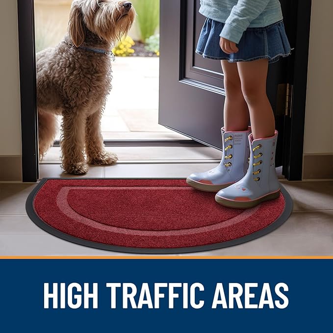 OLANLY Half Circle Door Mat Indoor Outdoor Entrance Welcome, Waterproof All-Season, All-Weather Doormat, Sturdy Natural Rubber, Low Profile, Easy Clean Patio Porch Entryway Mat, 59x23, Wine Red