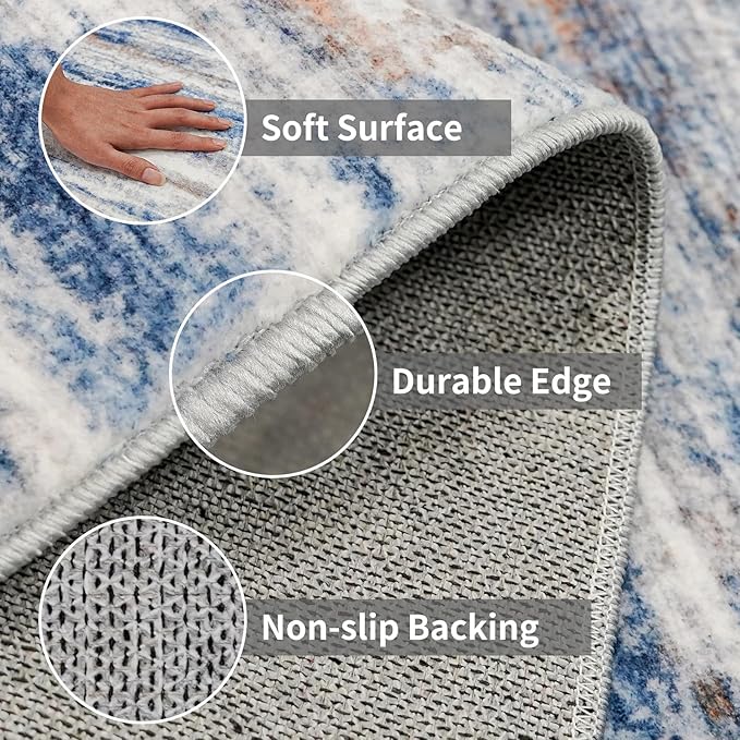 6x12 Runner Rug for Wide Hallway: Long Washable Area Rugs for Living Room Dining Room Office - Stain and Water Resistant Runners with Non-Slip Backing - Soft Low-Pile Thin Carpet Navy Grey