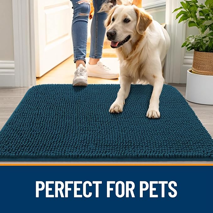 OLANLY Dog Door Mat for Muddy Paws 59x35, Absorbs Moisture and Dirt, Absorbent Non-Slip Washable Doormat, Quick Dry Chenille Mud Mat, Entry Indoor Entryway Carpet for Inside Floor, Atlantic Blue