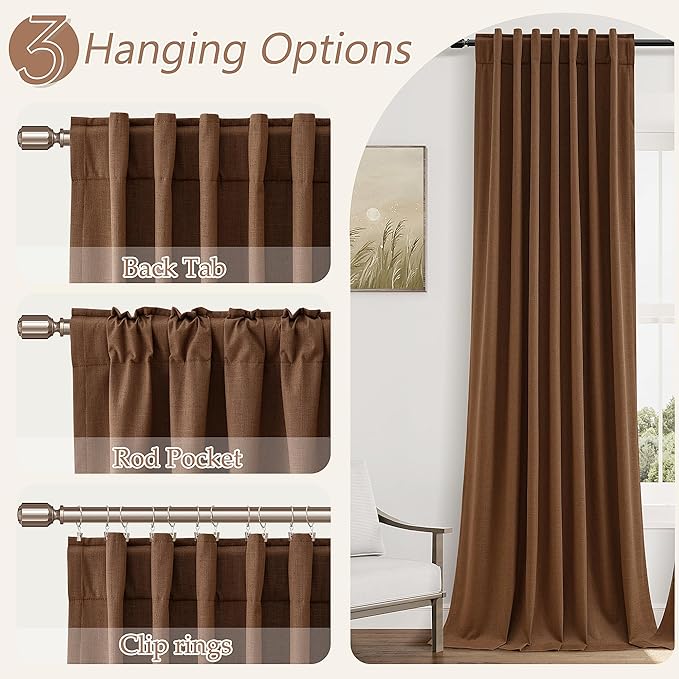 Guken Caramel Brown 100% Blackout Linen Curtains 102 Inch Length 2 Panels Set for Living Room Bedroom Back Tab/Rod Pocket Thermal Insulated Black Out Drapes Farmhouse Room Darkening Window Curtains