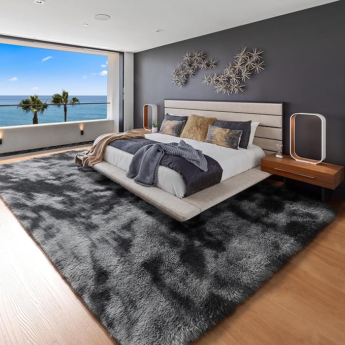 ONASAR 6x9 Area Rugs for Living Room Bedroom, Tie-Dyed Dark Grey Large Fluffy Bedside Throw Rug, Soft Plush Shaggy Fuzzy Floor Carpet for Nursery Kids Girls Boys Teen Dorm Home Decor