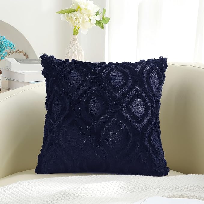 decorUhome Summer Throw Pillow Covers 18x18 Inch Set of 2, Soft Plush Faux Wool Navy Blue Solid Couch Pillow Covers, Accent Farmhouse Neutral Square Pillow Cases for Sofa Bed Living Room