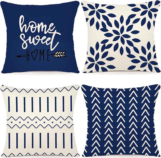 YCOLL Pillow Covers 18x18 Set of 4, Modern Sofa Throw Pillow Cover, Decorative Outdoor Linen Fabric Pillow Case for Chair Sofa Couch Bed Car, Dark Blue