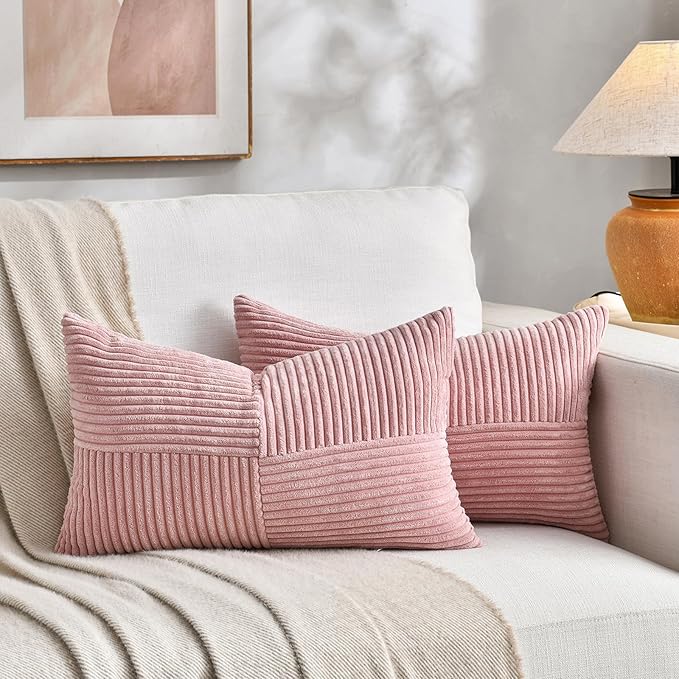 Fancy Homi 2 Packs Blush Pink Lumbar Decorative Throw Pillow Covers 20x28 Inch for Living Room Couch Bed, Rustic Farmhouse Boho Home Decor, Soft Striped Corduroy Rectangle Accent Cushion Case 50x70 cm