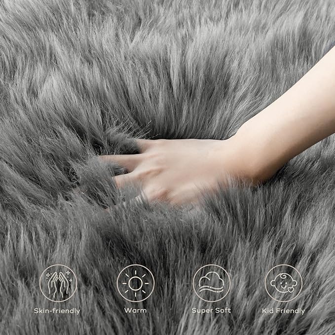 Ashler Faux Fur Rug, Fluffy Shaggy Area Rug Ultra Soft 2 x 3 Feet Sheepskin Fur, Dark Grey Fuzzy Rug Machine Washable Shag Rug, Nursery Decor Throw Rugs for Bedroom, Living Room, Kids Room