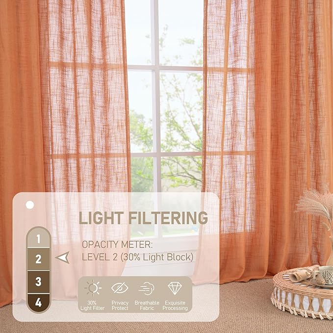 LAMIT Linen Semi Sheer Curtains 96 inches Long 2 Panels Set, Light Filtering Panels Back Tab and Rod Pocket Floor to Ceiling Curtains for Bedroom/Living Room, Burnt Orange, 52 x 96 Inch