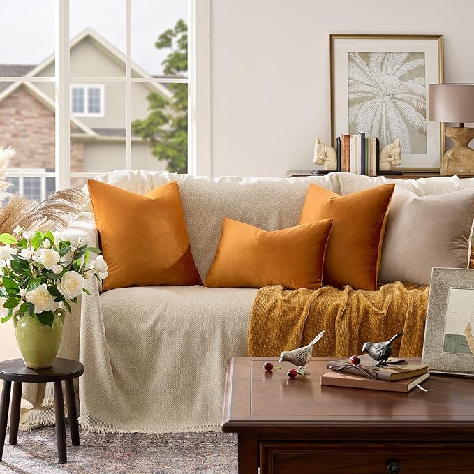GIGIZAZA Decorative Throw Pillow Covers 16x16,Set of 2 Burnt Orange Square Couch Pillow Covers,Velvet Sofa Boho Cushion Pillows