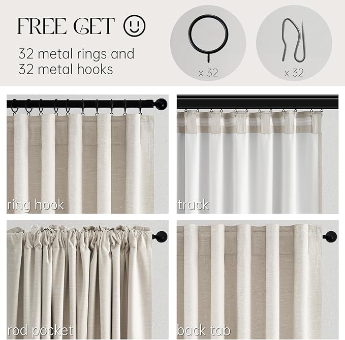 92 Inches Long Blackout Curtains for Living Room 2 Panels Set Cream Birch Linen Texture Room Darkening Energy Saving Curtain Window Coverings Hook Belt Pleated Drapes Aesthetic Bedroom(W40"xL92")