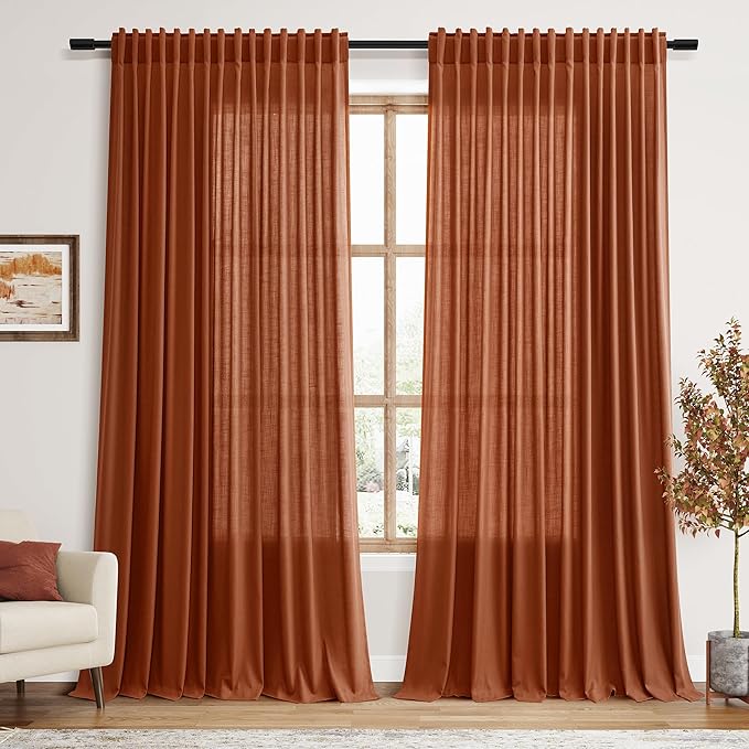 Nanspring Extra Wide Terracotta Curtains for Living Room 96 Inches Long Back Tab and Rod Pocket Linen Light Filtering Semi Sheer Farmhouse Boho Curtain for Bedroom Office Luxury 100x96, 2 Panels
