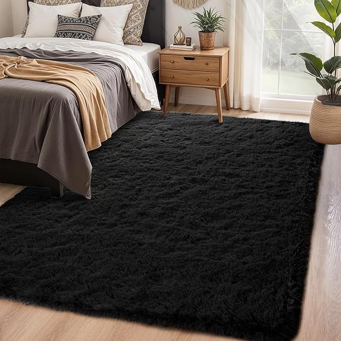 Chicrug Soft Runner Rug for Bedroom Living Room Plush Fluffy Rugs 5x7 Feet, Shag Furry Runner Rug Carpet Non Shedding for Nursery Children Kids Girls Room Home Decorative, Black