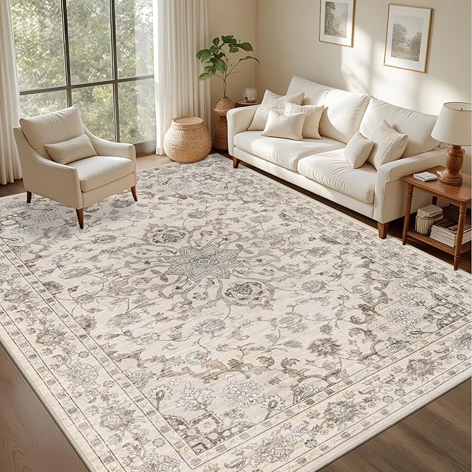 Area Rugs 10x14 Living Room Rug: Washable Rug Soft Vintage Distressed Floral Carpet Indoor Non-Slip Stain Resistant Large Carpets for Bedroom Dining Room Farmhouse Nursery Home Office Brown Beige