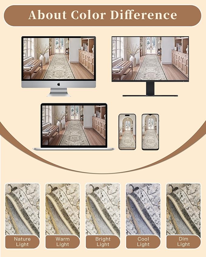 Madane Hallway Runner Rug 3x18 - Kitchen Rugs 18ft Washable Entryway Rug Vintage Kitchen Runners Non Slip Indoor Area Rug Farmhouse Carpet Runner for Bathroom Living Room Bedroom, Ivory/Brown