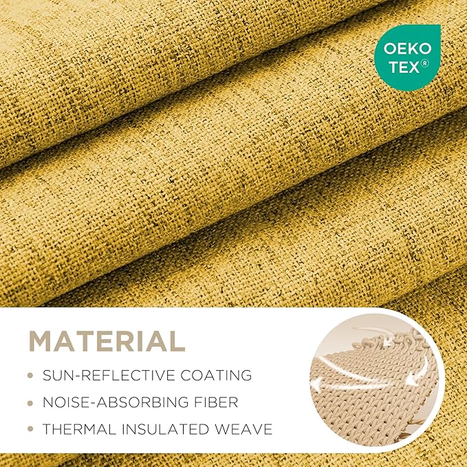 Joydeco Blackout Curtains for Bedroom - 100% Light Blocking 2 Panels Set Yellow Drapes 66" W x 90" L, Thermal Insulated Room Darkening Curtains, Linen Textured for Living Room, Rod Pocket & Back Tabs
