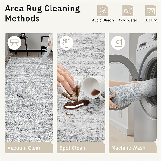 2x3 Washable Rugs for Kitchen, Floor, Entryway, Powder Room Small Area Rug Non-Slip Vintage Low Pile Throw Door Mat Grey