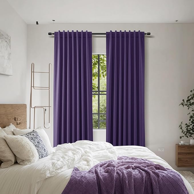 Guken New Purple 100% Blackout Linen Curtains 96 Inch Length 2 Panels Set for Living Room Bedroom Back Tab/Rod Pocket Thermal Insulated Farmhouse Black Out Drapes Room Darkening,52x96