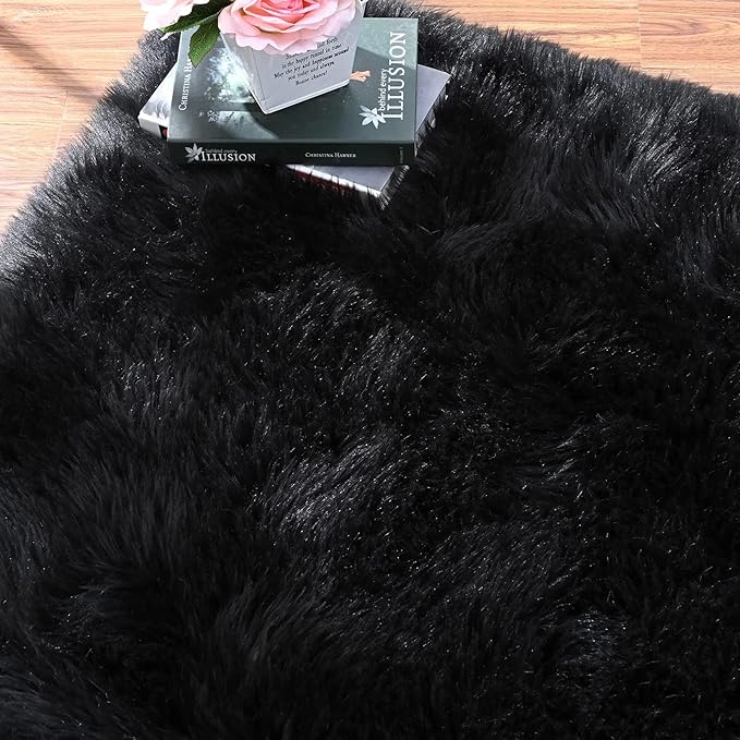 ORINOVA Black Fuzzy Faux Sheepskin Shaggy Fur Rugs for Bedroom Machine Washable Furry Rug 4x6 Area Rugs for Nursery Decor