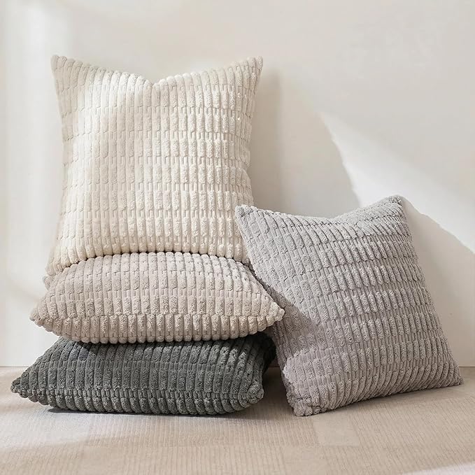 Fancy Homi Set of 4 Grey and White Boho Decorative Throw Pillow Covers 24x24 Inch for Couch Bed Sofa, Aesthetic Modern Bohemian Room Decor, Soft Fuzzy Fluffy Cozy Corduroy Cushion Case 60x60cm