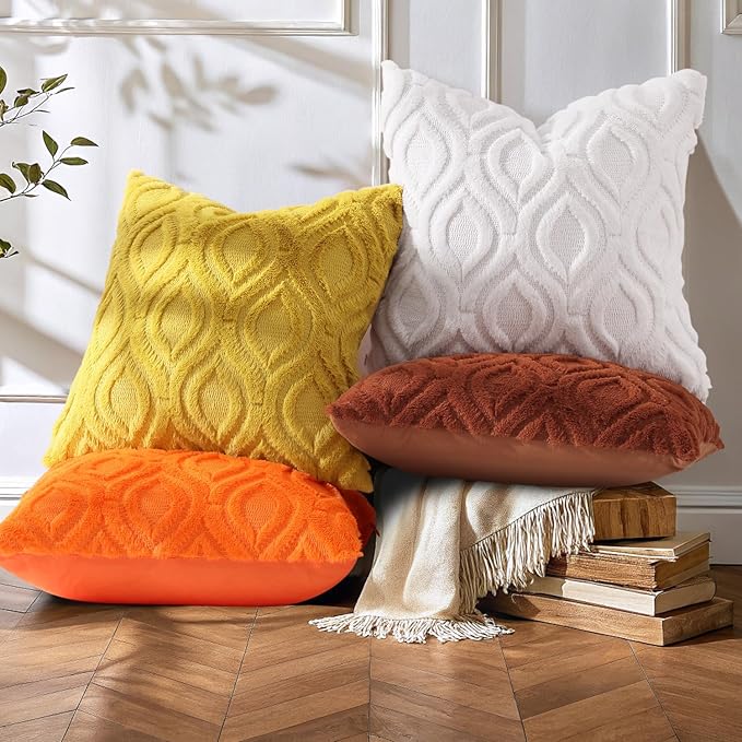 decorUhome Throw Pillow Covers 24x24 Inch Set of 2, Soft Plush Faux Wool Cream White Solid Couch Pillow Covers, Accent Euro Sham Farmhouse Neutral Square Pillow Cases for Sofa Bed Living Room