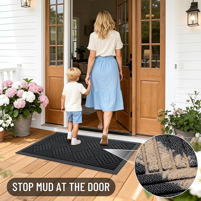 OLANLY Front Door Mat Outside Entrance 59x23, Absorbent, Heavy Duty Sturdy Natural Rubber Doormat Indoor Outdoor, Stain and Fade Resistant, Non-Slip Low Profile Floor Mat for Entryway, Black Diamond