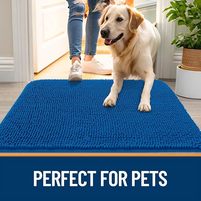 OLANLY Dog Door Mat for Muddy Paws 70x32, Absorbs Moisture and Dirt, Absorbent Non-Slip Washable Doormat, Quick Dry Chenille Mud Mat, Entry Indoor Entryway Carpet for Inside Floor, Deep Navy Blue
