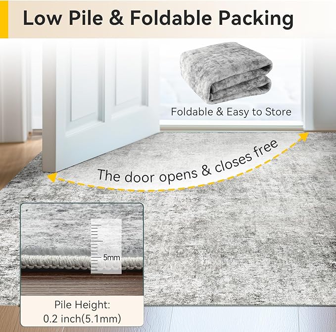 Washable Area Rugs 2'x6' Non-Slip Modern Abstract Soft for Living Room Entryway Bedroom Nursery, Print Pattern, Gray White Grey