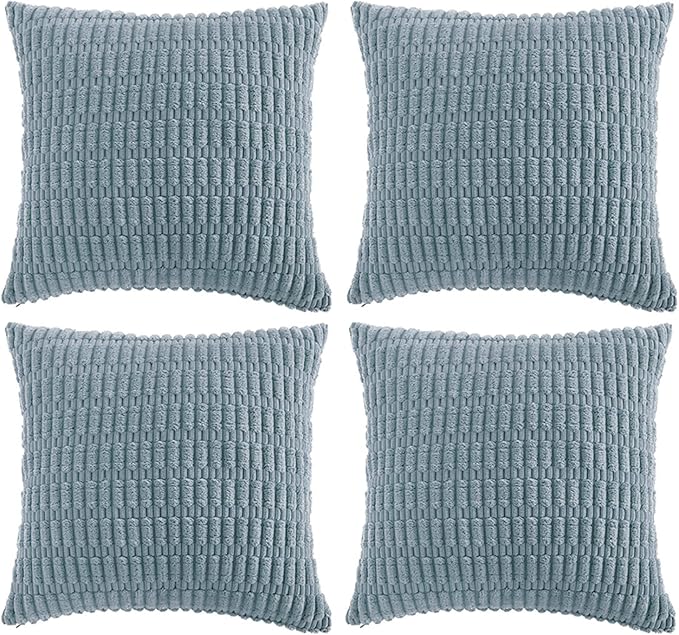 Fancy Homi 4 Packs Boho Light Blue Decorative Throw Pillow Covers 22x22 Inch for Couch Bed Sofa, Rustic Modern Farmhouse Home Decor, Soft Plush Corduroy Cute Square Cushion Case 55x55 cm