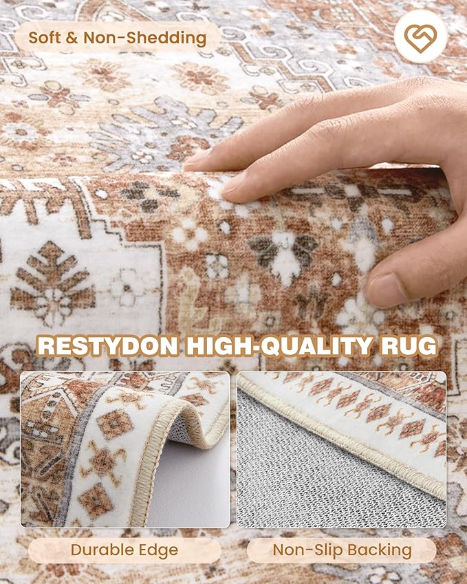 4x8 Rug for Bedroom,Wide Runner Rug for Hallway, Non Slip Washable Runner Rug for Living Room, Low Pile Soft Entryway Kitchen Rug, Vintage Home Decor Mat for Dining Room(Orange,4'x8')