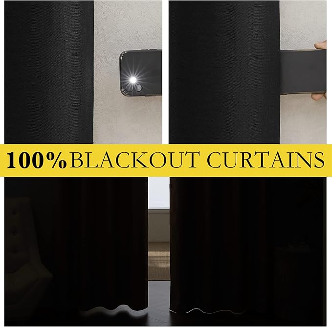 NICETOWN Vintage Open Linen Weave Flax Thermal Black Curtains for Holloween Decoration, 100% Blackout Curtains 84" Long 2 PCs for Dining Room, Soundproof Window Treatment Drapes for Hall Room