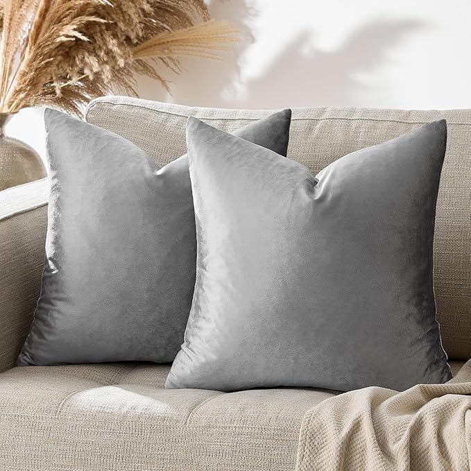 GIGIZAZA Velvet Dark Grey Throw Pillow Covers,20x20 Square Pillow Covers Set of 2 Decorative Modern Pillows for Living Room Couch Sofa Luxury Solid Pillow Cases